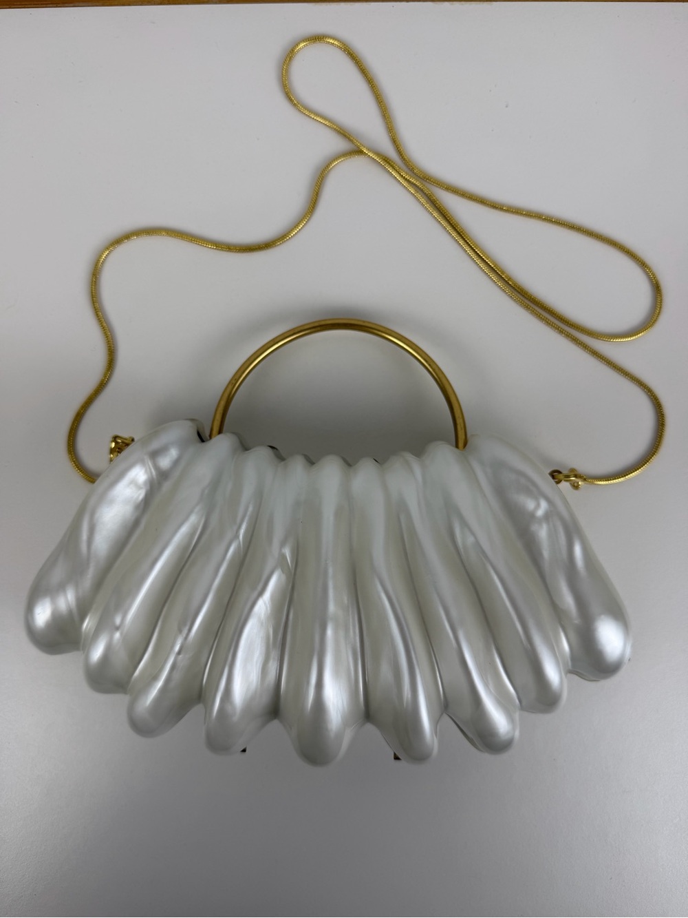 ZARA Pearl Shell Clutch Bag White Gold Chain Sculptural Minaudiere Handbag
